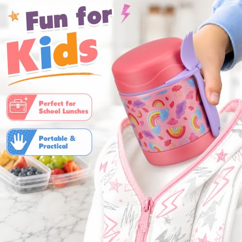 Image of 10oz Soup Thermo for Hot Food Kids,Lunch Thermo Kids Food Jar with Spoon Hot Insulated Food Containers,Leak Proof Stainless Steel Wide Mouth Lunch Thermo Jar for School(Pink-Rainbow)