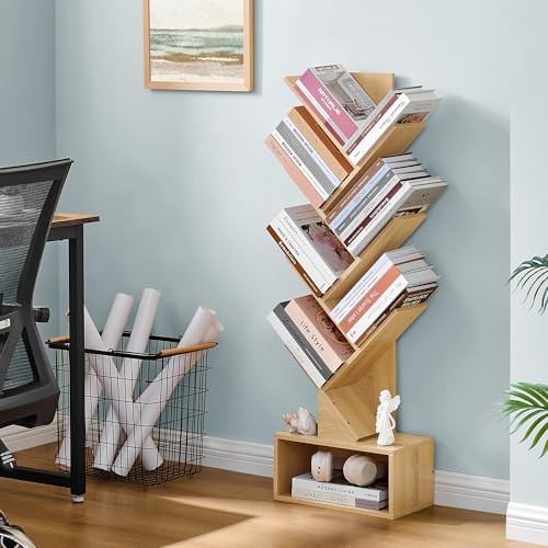 Image of Hoctieon 6 Tier Tree Bookshelf, Tall Bookcase with Drawer, Freestanding Book Shelf, Display Floor Standing Storage Shelf, Book Organizer Shelves for Home Office, Living Room, Bedroom, Yellow