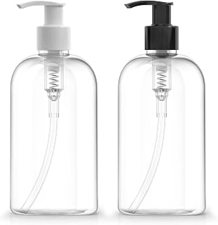 Bar5F Plastic Bottles with Pump Dispenser, 12 oz | Leak Proof, Empty, Clear Refillable, BPA Free for Body Wash, Moisturizer, Face Cream, Liquid Soap | Black & White Pumping Caps | Set of 2