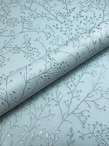 Newroom Tapete Blau Vliestapete Äste - Ästetapete Floral Türkis Babyblau Blätter Blumen Blumentapete Romantisch Rosentapete Vintage inkl. Tapezier-Ratgeber