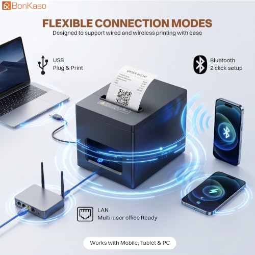 Image of BonKaso BKT04 80mm Thermal Receipt Printer POS Bill Printer 200mm /s High Speed ESC /POS with Auto Cutter USB LAN WiFi BT Connectivity for Retail Restaurant Warehouse Pharmacy 12x16x12cm Black