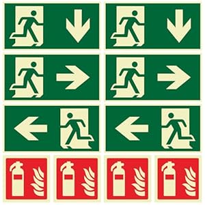 10 Stück Notausgangs- & Feuerlöscherschilder Set | 4x Feuerlöscher (10x10cm) + 6x Notausgangsschilder (30x15cm) | Selbstklebend, Nachleuchtend PVC | Für Haus, Büro, Hotels, Schulen & Gebäude