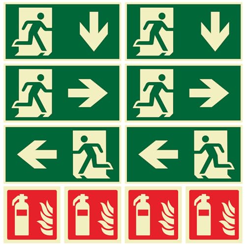 10 Stück Notausgangs- & Feuerlöscherschilder Set | 4x Feuerlöscher (10x10cm) + 6x Notausgangsschilder (30x15cm) | Selbstklebend Nachleuchtend PVC | Für Haus Büro Hotels Schulen & Gebäude