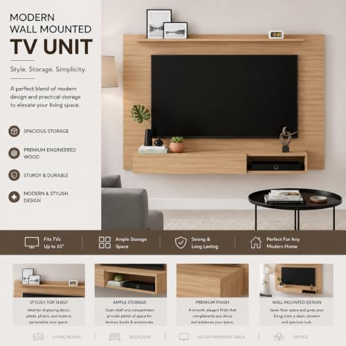 Image of FURNEASER Reyroy Wall Mounted TV Unit for Living Room | Wooden TV Panel with Floating Cabinet & Storage Shelf | Modern Entertainment Unit for Upto 60 Inch TV (Exotic Teak)