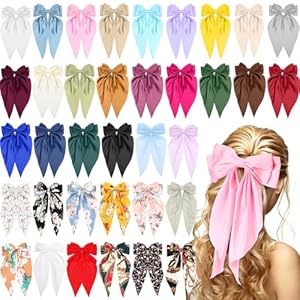 Mimorou 36 Pcs Big Hair Bows for Women Silky Satin Hair Bows Bulk Oversized Long Tail Black White Hair Bow Large Hair Ribbons Hair Clips Barrettes Large Metal Clips Bowknot Hair Accessories Gift
