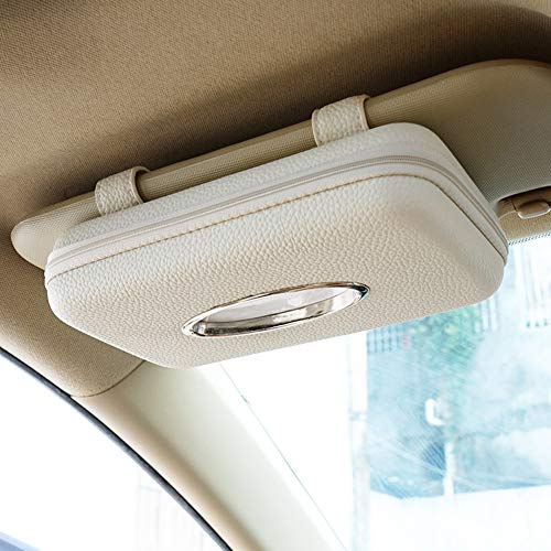 Cartisen Car Tissue Holder Sun Visor Tissue Holder Zipper Car Visor Napkin Holder PU Leather Backseat Tissue Case for Car Vehicle (Beige)
