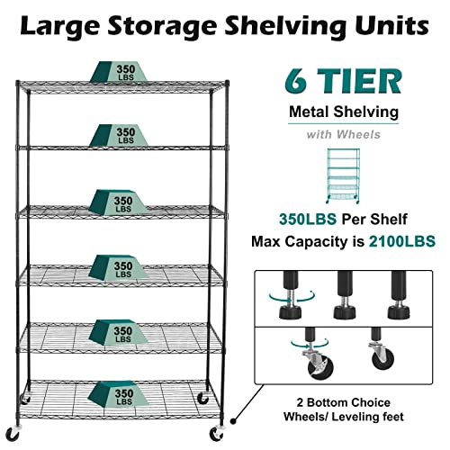 Image of WDT NSF Certified Storage Shelves on Wheels, Heavy Duty Metal Shelves for Storage with Adjustable Stand, 6-Tier Wire Shelving Unit for Garage Pantry Kitchen Shelf Rack(17 inch W*47 inch D*80 inch H), Black