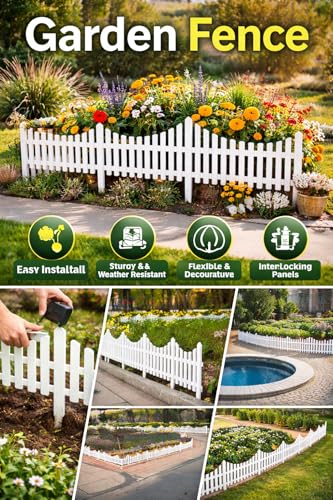 Image of Garden Fence Decorative Interlocking Plastic Border Panels (6 Panels,7.5ft Length) White Weather Resistant Outdoor Garden Edging Fence with Locking System for Lawn, Plants, Pathway & Flower Beds