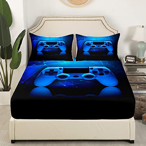 Gamer Fitted Sheet, Boys Girls Video Games Gaming Bedding Sets for Teens Kids Silver Gray Novelty Sci-Fi Gamepad Fitted Bed Sheets, Not Include Flat/Top Sheet, Queen Size