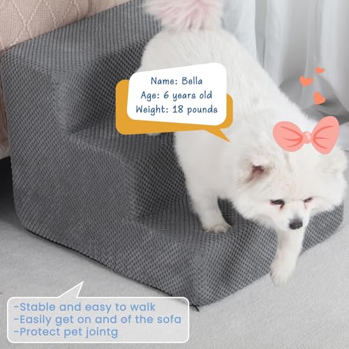 Image of Aodisman Dog Stairs for Small Dogs & Cats,3-Step Pet Steps for Couch & Bed | High-Density Foam Dog Steps with Anti-Slip Bottom,Easy for Puppies,Older Cats & Dogs to Reach Sofas & Chairs,Grey,13.6 inch H