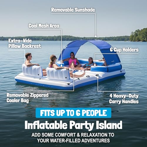 Bestway CoolerZ Tropical Breeze Party Island, Large 6 Person Adult Inflatable Lounger Lake Float w/ Cooler Bag, Cup Holders, & Detachable Sun Shade - Image 4