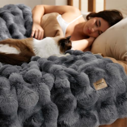 Image of Bedsure GentleSoft Fluffy Fuzzy Twin Blanket, Soft Cozy Fleece Faux Fur Blanket, Pink Decorations Coloring Couch Cover, Thick Warm Plush Women Men Birthday Gifts, Tie-dye Grey