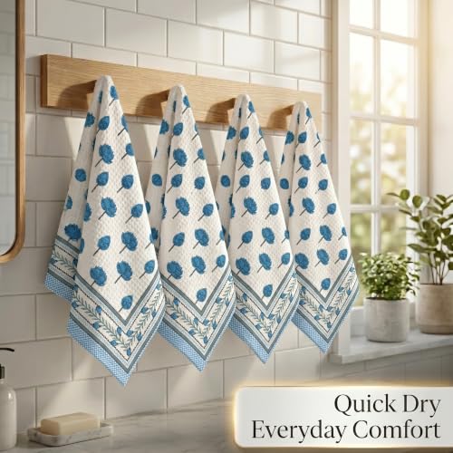 Image of Mafatlal Madhuban Waffle Towels for Bath | 250 GSM | Set of 4 Hand Towels 76 x 38 cm Each | Textured Surface for Body Cleansing, Scrubbing & Gentle Exfoliation | Indigo Blue