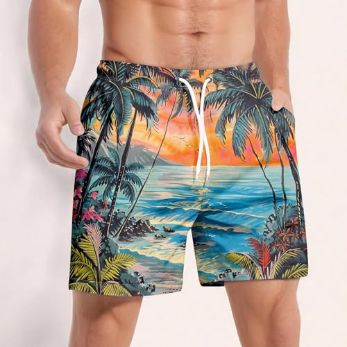 Shorts for Men Summer No Liner Elastic Waist Drawstring Shorts 2025 Quick Dry Tropical Floral Swimsuit with Pockets3