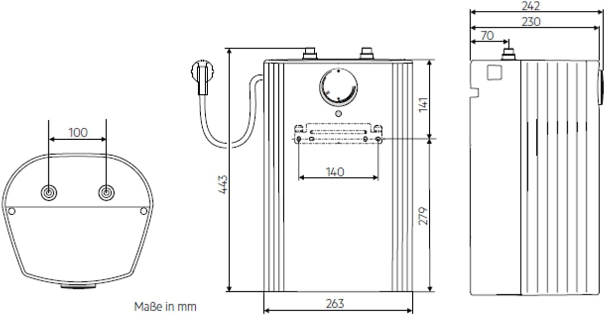Dimensions diagram for AEG Huz 5 Öko Comfort water heater