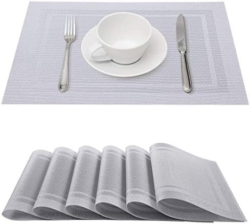 homing Placemats for Dining Table Set of 6 - Woven Vinyl Plastic Heat Resistant Kitchen Table Mats Washable, Easy to Clean PVC Place Mats, 18 x 12 in, Silver Grey