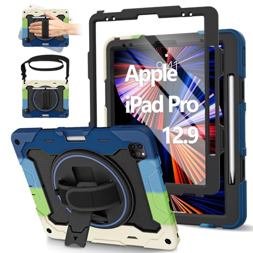 ROSROME for iPad Pro 12.9 Case 6th/5th/4th/3rd Generation with Screen Protector for Kids,Heavy Duty Shockproof Cover for iPad Pro Case 12.9 Inch with 360° Kickstand/Shoulder Strap/Pencil Holder, Blue