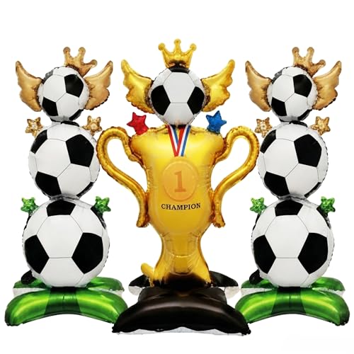 3PCS Soccer Party Decorations Set for World Cup 2026 Decorations Inflatable Soccer Ball Balloons & Trophy Balloon Foil Balloons for Soccer Event Sports Party Soccer Theme Decorations