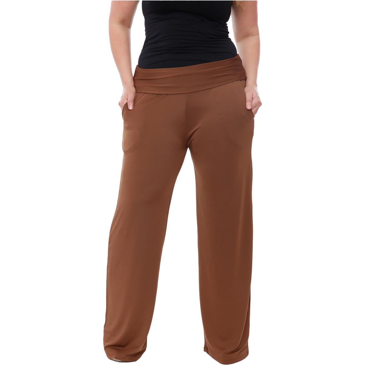 white mark Womens Plus Fold-Over Waist Solid Wide Leg Pants Brown 2XL