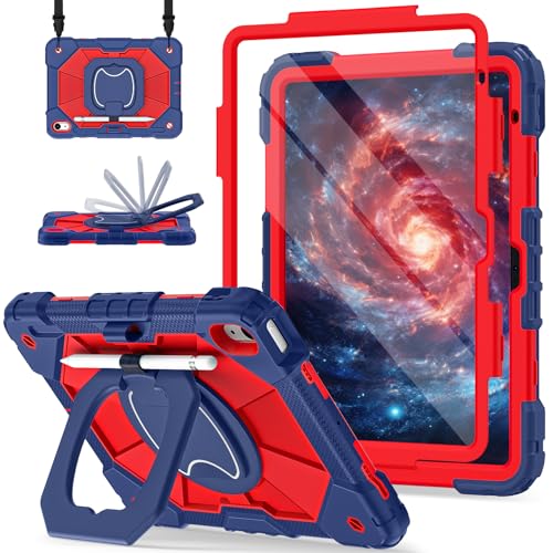 Image of Scnioy Case for iPad (A16) 11th Generation 11 Inch (2025), iPad 10th Generation Case 10.9 Inch (2022), Shockproof Cover with 360 Rotating Stand Screen Protector Pen Holder Shoulder Strap, Navy Red