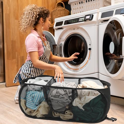 Image of Pop Up Laundry Hamper Mesh Laundry Basket, Collapsible Popup Hamper Dirty Clothes Basket with 3 Compartments, Side Pocket, Carry Handles for Home, Dorm, Bathroom, Bedroom, Travel-Black