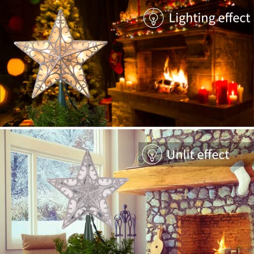 Christmas Star Tree Topper, Plug In Sliver Glittered 3D Star Tree Topper, Metal Hollow Designed Built In 10 Bulbs String Lights For Christmas Tree Decoration New Year Holiday Home Office Indoor #TOP2
