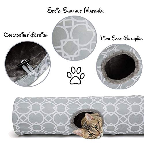 Luckitty Geometric Cat Tunnel With Plush Inside,Cats Toys Collapsible Tunnel Tube With Balls, For Rabbits, Kittens, Ferrets,Puppy And Dogs,Grey,White #TOP1