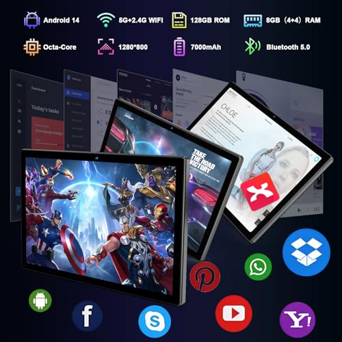 Tablet Android 14 mais recente 2025 - tela de 10,1 polegadas, 128 GB + 8 GB de RAM, processador Octa-Core, WiFi 5G, bateria de 7000 mAh, tela HD, Bluetooth/GPS/câmera de 13 MP - Imagem 2