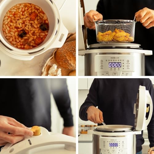 NEWCOOK Olla Programable Newcook Delicious Blanca, Olla a Presión Multifunción Eléctrica con Voz, 15 Funciones, 1000W,6 l, 4 Niv. Presión,Cubeta con recubrimiento cerámico. Accesorio para Freír