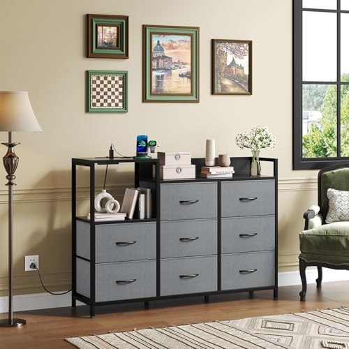 Image of NEWBULIG Dresser TV Stand with 8 Fabric Drawers and 1 Shelf, Wooden Top TV Media Console Table for Up to 45 inch, Entertainment Center with Charging Station for Living Room Bedroom, Grey
