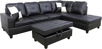 Bonded Leather Sectional Sofa Set & 2 Toss Pillows, L-Shaped Sofa & Chaise, Storage Ottoman for ApartmentHouseLiving RoomOffice Black, Right Facing