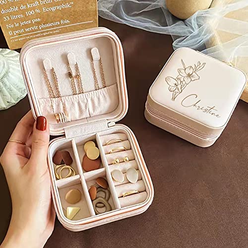 Personalized Jewelry Box - Custom Gifts for Women, Portable Small Travel Jewelry Case with Birth Flower & Name, Bridesmaid Gifts, Wedding Gifts, Gifts for Birthday Anniversary for Women Mom Girls