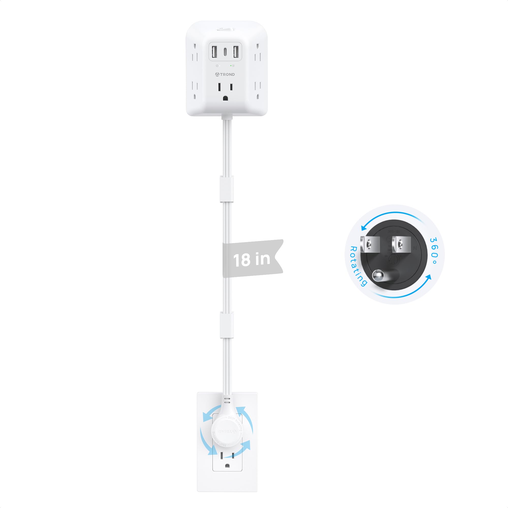TROND Outlet Extender Stick with 360° Rotating Plug, Electrical Extendable Multi Plug Outlet 18in, 1440J Surge Protector, 5 AC and 3 USB Ports, Use Behind Couches, Nightstands, Desks, White