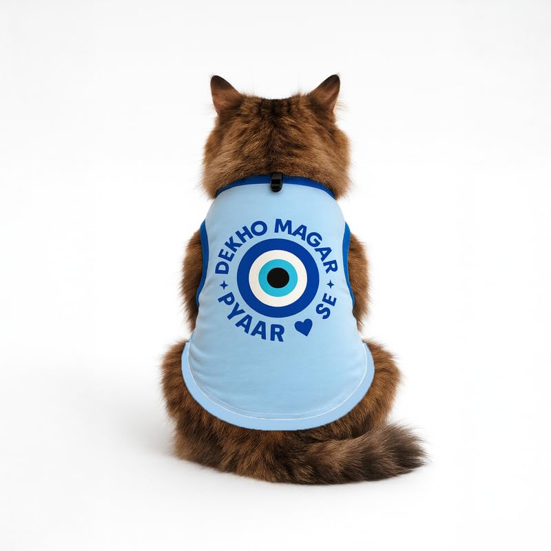 Image of Thunder Tails Printed Cat T Shirt for Cats and Kittens | Breathable Cotton Cat Clothes with Round Neck | Pet Dress for Small to Large Cats Apparel (Dekho Magar Pyaar Se, XS)