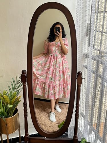 Image of Avayayat Women's /Girls Cotton Kurta for Women Floral Printed Anarkali Kurta || Floral Flared Western Dress Pink (in, Alpha, L, Pink)