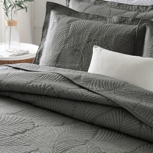 Colcha de algodón transpirable mixinni gris estampado palmeras queen 3