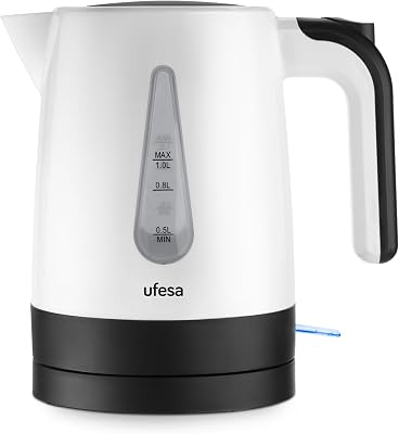 Ufesa Canyon Hervidora de Agua 1200W, 1L, Base 360º sin Cable, Placa de Acero Inoxidable, Sistema de Seguridad Triple, Apertura Fácil, Desconexión Automática, Recogecables