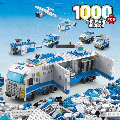 Image of SKY LINE OCEAN City Police Mobile Command Truck Building Block Set, 1000+ PCS Police Vehicles, Helicopter & Airplane Construction Kit, STEM Toy for Kids, 5-Year Structural Warranty