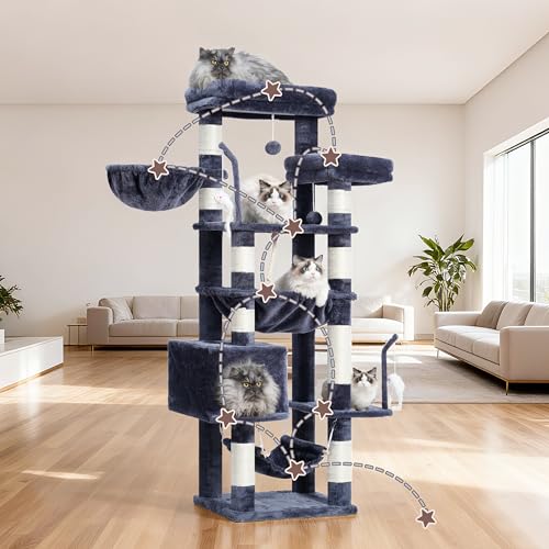 Image of Gitelsnour Cat Tree, 63'' Cat Tower for Large Cats, Big Hammock GCT020G | Cat Condo, Cat Scratching Posts for Indoor Adult Cats, 4 Platforms( 2 Big 2 Small), 2 Baskets, Sisal Rope, 4 Toys, Smoky Gray