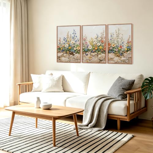 Image of CHDITB 3D Colorful Wildflower Wall Art,Neutral Rustic Stone Botanical Decor