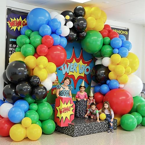 Image of 412Pcs Red Blue Yellow Green Black Balloon Arch Garland Kit, 18 12 10 5 Inch Different Size Latex Balloons for Birthday, Video Game Themed Party