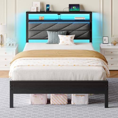 Seventable Bed Frame Twin Size with Charging Station, LED Bed with Upholstered Storage Headboard, Metal Platform Bed with Under Bed Storage, No Box Spring Needed, Noise Free, Easy Assembly, Grey