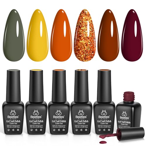 Beetles Gel Nail Polish Set, 6 Colors Burgundy Red Brown Yellow Orange Glitter Gel Nail Polish Soak Off UV Nail Art Design Manicure Gifts for Women