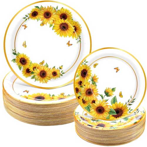 Mumufy 100 Pack Sunflower Paper Plates 9 & 7 Disposable Sunflower Dessert Plates Yellow Watercolor Dinner Tableware Floral Party Decoration for Wedding Birthday Baby Shower Garden Tea Party Supplies