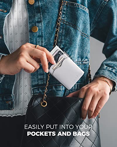 Image of VULKIT Credit Card Holder Minimalist Slim Pop Up Wallet with Leather Slots RFID Blocking for Men and Women Holds 7 Cards and Notes Pearl White
