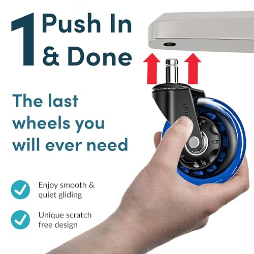 Image of Lifelong Original Office Chair Wheels (As Seen On CNN) Replacement Rubber Chair Casters for Hardwood Floors & Carpet, Set of 5, Heavy Duty Casters for Chairs to Replace - Fits 98% (Blue)