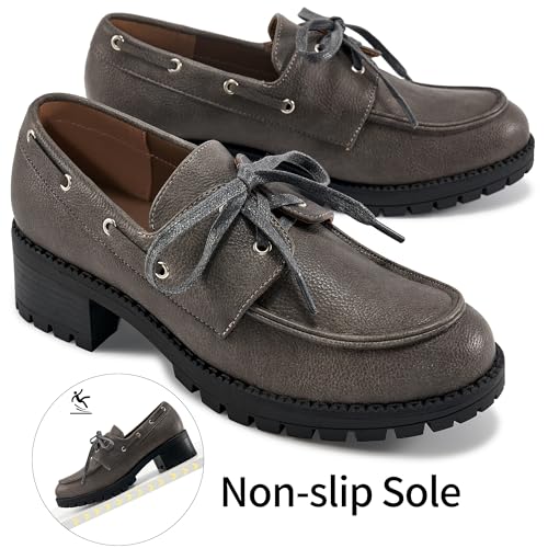 Image of Ablanczoom Platform Oxford Shoes for Women : Lace Up Women's Platform Chunky Loafers with Lug Sole Dress Shoes for Work Business Taupe