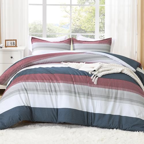 Litanika Comforter Set California King Size Red Blue - 3 Pieces Lightweight Colorblock Stripe Fluffy Bedding Comforter Sets, All Season Bed Set