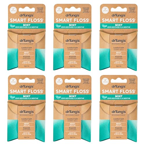 drTungs Smart Floss Mint for Teeth - Natural Expanding Dental Floss Gentle on Tooth & Gums Expands & Glides PTFE & PFAS Free Certified Organic Mint Essential Oils - Pack of 6