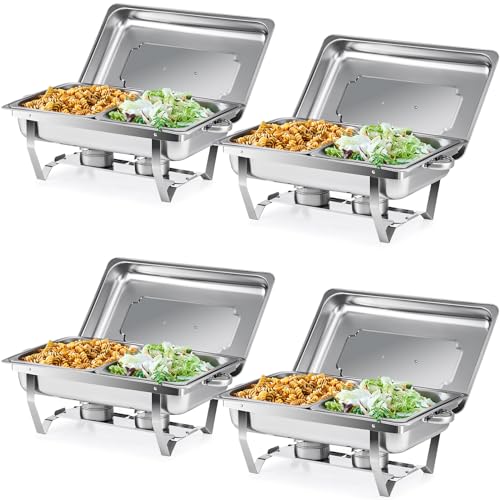 Wilprep Chafing Dish Edelstahl Buffet-Set Warmhaltebehälter Speisenwärmer Wärmebehälter Rechaud für Catering, Buffet und Party (4 Set 1/2+1/2 GN -Behälter)